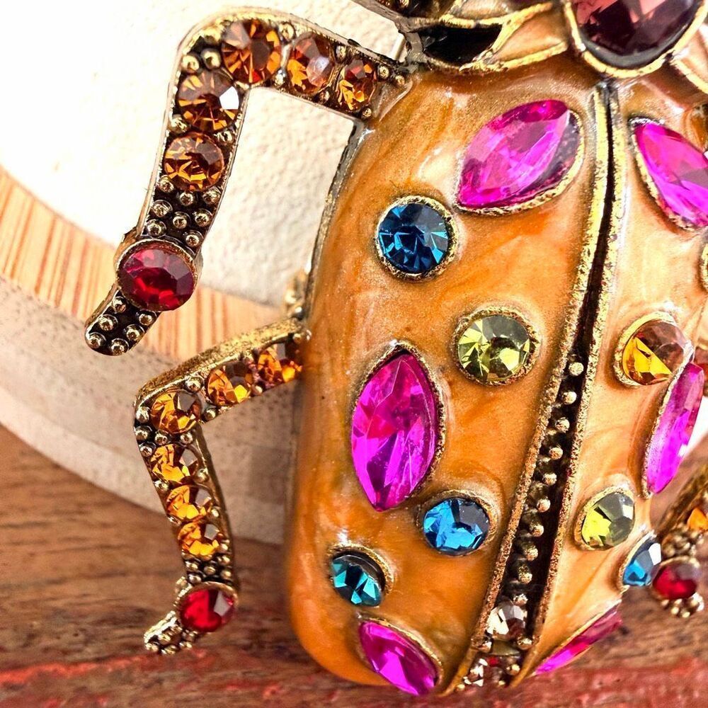JeweledâBeetle Brooch Multicolor Rhinestone Statement - Picture 4 of 7